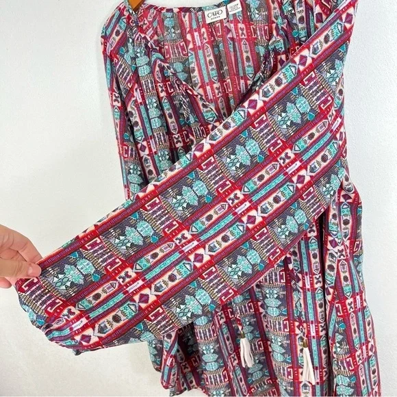 2/$25 CATO Red Bohemian Boho Tribal Western Lightweight Business Casual Blouse - Picture 5 of 14